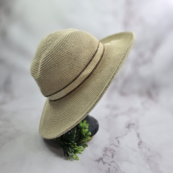 Vintage Sun Hat Floppy 90s Ladies Wide Brim Beach Shade Fabric Soft Straw S M - Picture 1 of 8